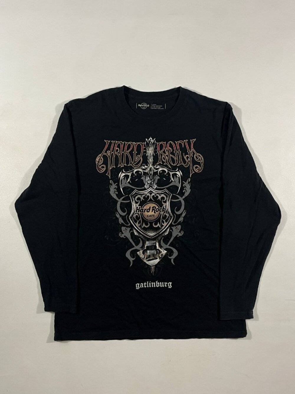 Hard Rock Cafe Gatlinburg Black Gothic Guitar Crest Graphic Long Sleeve Tee L